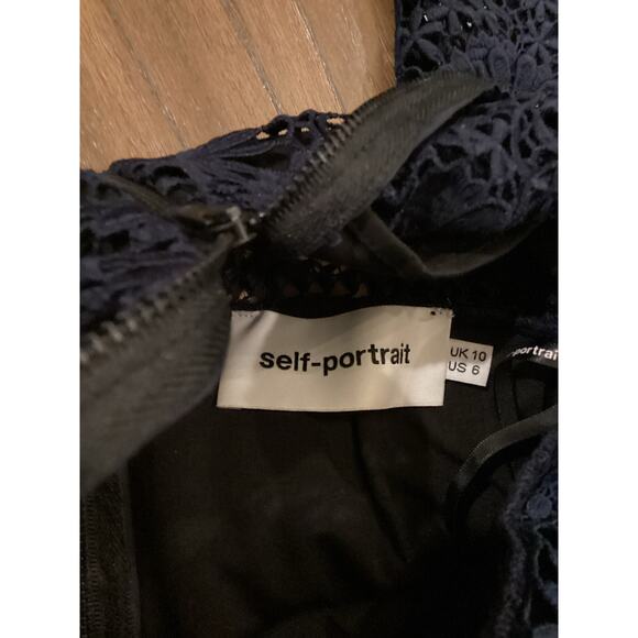 SELF PORTRAIT navy Ava Guipure Lace cut tiered long sleeve Mini Dress size 6 - Picture 6 of 12